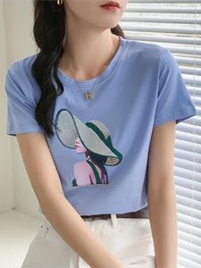 T-shirt tuangbiang 2023 diamante embelezado algodão tshirts de verão stres rhinestones retchwork casual oeck tee lose tee elegante lady tops