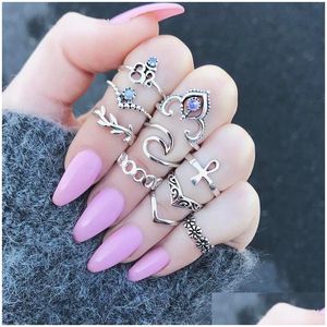 Кластерные кольца 10шт/сет Boho Vintage Sier Color Stone Midi Finger Etnic Gothic Knuckle Set for Women Party Gift Bohemian Ring Drop Dhyaf