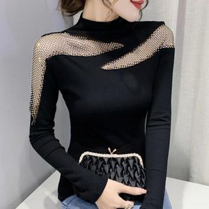 T-Shirt European Style Hollow Diamond Sexy Black shirt 2021 Autumn Winter Highneck Women Tops longsleeved Cotton Tshirt