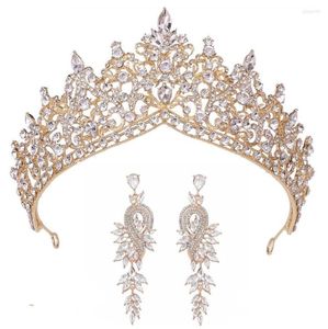 Cabelos de cabelos coroas barrocas de coloração dourada coroa de folhas de cristal com brincos acessórios