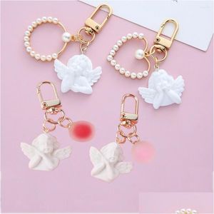 Keychains Lanyards Cute Vintage White Angel Keychain For Women Girls Mini Pearl Heart Jelly Ball Pendant Gold Color Keyring Bag Ca Dhinm