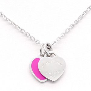 Designer Stainless Steel enamel Pink Double Heart Necklace Choker short female collars rose Gold Titanium steel necklace Heart