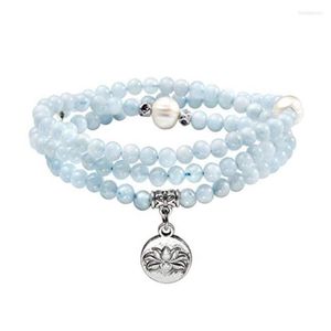 Perlenstrang Fyjs Einzigartige versilberte Lotusblume 6 mm runde Perlen Aquamarine Kristallarmband Lapis Lazi Temperament Schmuck Tropfen Dheyc