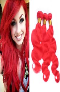 Virgin Brazilian jasnoczerwone ludzkie włosy Weves Fave Body Red Kolor Virgin Hair Weave Bundles 3pcs Lot Ciała falisty podwójne wątki Exte9903334