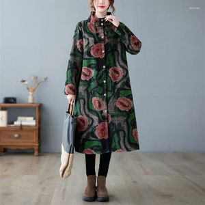 Women's Trench Coats Stank Collar Single Breasted Thicken Fleece Warm Women Casual Winter Print Floral Vintage Lady Outdoor Work Cardigan