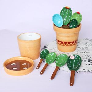 Porzellan-Messlöffel-Set mit Sockel, niedliche Kaktusform, rührender Suppenlöffel, wiederverwendbar und langlebig für Küchenutensilien