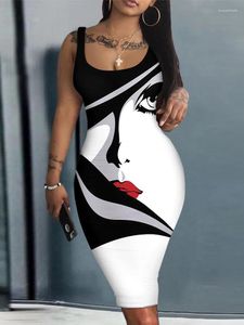 カジュアルドレスセクシーな女性用ボディコンドレス2023夏のファッション袖のvネックホワイトプリントミディスリムペンシルタンク女性用ベスティドス