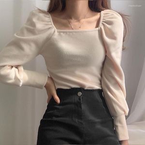 Kvinnors T -skjortor 2023 Spring Autumn Winter Women Square Collar Shirt Teenage Girl Tee Long Puff Sleeve Female Slim Pullovers Tops