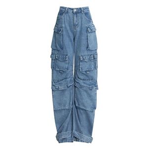 Street fashionista new fashion smoke grey splicing multi pocket cargo pants street wash old long wide leg pants