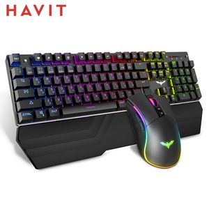 Combos HAVIT Gaming Mechanical Keyboard 104 Keys RGB Backlight Blue / Red Switch Wired Game Mouse Set Arm Rest Ru /DE/ English Version