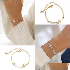 Beaded Strand Vintage Luxury Imitation Pearl Cross Armband Gold Color Zirconia Bangle For Women Party Wedding Present Jewelry Trendy D DHC74