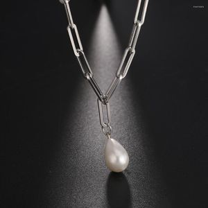 Chains Teamer Pearl Water Drop Beads Pendant Necklace For Women Stainless Steel Necklaces Paper Clip Square Neck Chain Choker Jewelry