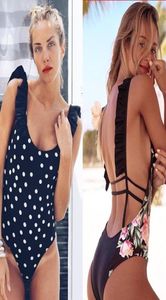 2019 Costume da bagno intero sexy con volant Costumi da bagno solidi Costumi da bagno senza schienale Costume da spiaggia Abbigliamento da spiaggia Donna retrò Bikini19616338509847