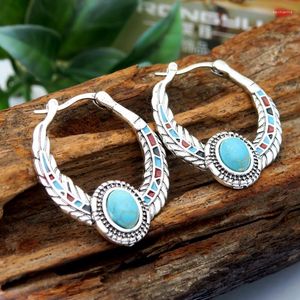 Hoopörhängen Vintage Silver Plated Turquoise Stone Feather Earring For Women Girls Böhmen Statement smycken EN1334
