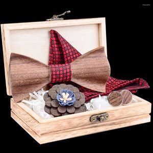 Fliegen Ricnais Original Holzkrawatte Seide Blumen Taschentuch Manschettenbrosche Set für Herren Hochzeit Holzfliege mit Box Gravata