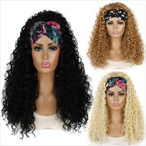 Syntetyczne peruki 24 -calowe opaska na głowę Kręcone peruki długie włosy głębokie bohemijskie włosy dla czarnych kobiet puszyste loki włosów afrykańskie turban wR