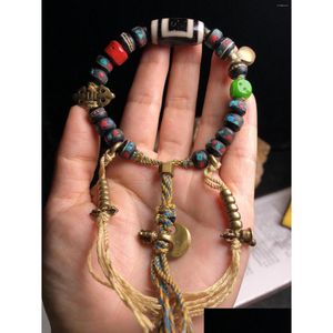 Braccialetti di gioielli con fili di perline per le donne Psera Hombre Pezzo da gioco tibetano Vecchio osso intarsiato Bracciali di perline di corallo turchese Etnico Sty Dhgba