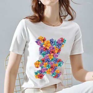 女性のTシャツ女性夏の女性Tシャツフラワーズテディベアかわいい若者パーソナリティオールマッチシャツ快適な短袖