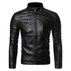 Herbstmode für Herren in Kontrastfarbe, Übergröße, Stehkragen, Reißverschluss, Biker-Lederjacke