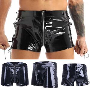 Underpants Fashion Cool Boxer Briefs Mens PVC Leather Wet Look Silky Shiny Zip Bulge Bag Pouch Shorts Gays Underwear Clubwear Swimwear