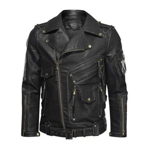 Autumn Street Men Black Lapel Neck Genuine Leather Motorcycle Jackets Multi Pocket Zipper Punk Biker Leather Jacket