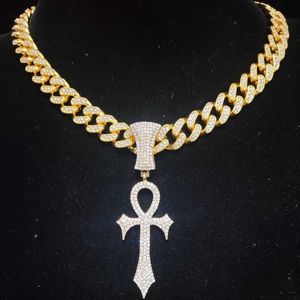 Men Women Hip Hop Ankh Cross Sword Pendant Necklace with 13mm Cuban Chain Hiphop Iced Out Bling Necklaces Fashion Jewelry Gifts