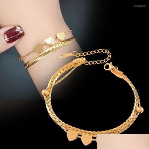 Chain Link Bracelets Leeker 316L Stainless Steel 2 Layers Gold Color Jewelry Three Heart Bracelet For Women On Hand Accessories 532 Dhoup