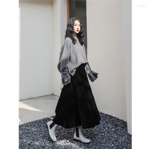 Skirts Velvet High Waist Long Skirt Women Autumn Winter Korean Black Pleated Vintage Style Female Midi Saia