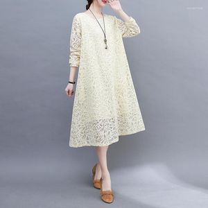 Casual Dresses 2023 Sping Summer Korean Fashion Woman Dress Lace Loose Vintage Long Sleeve Office Ladies Elegant for Women