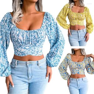 Kvinnors blusar Long Lantern Sleeve Bows Floral Chiffon Shirt Holiday Style Navel Top