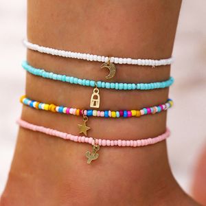 4pcs/set Anklets for Women Gold Silver Color Fashion Jewelry Beach Summer Foot Decor Girls Beads Key Lock Moon Bohemia Style