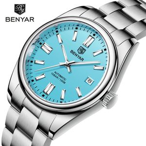 Armbandsur Benyar Fashion Mens Automatiska självlindande klockor för män rostfritt stål vattentät avslappnad sport analog handledsur 5185 blå