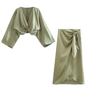 Dress Women's 2022 Fashion New Knotted Silk Texture Shirt Casual VNeck Short Retro Female Chic Top + Irregular Midi Sarong Skirt Suit