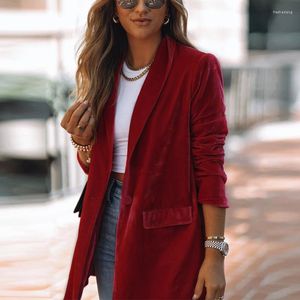 Kvinnorjackor Autumn Red Velvet Blazers Fashion Women Lapel Cardigan Outwear Ladies Casual Office Button långärmad affär