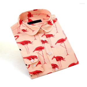 Damenblusen Frühling Herbst Frauenhemden Flamingo-Druckbluse Art und Weise dünne lange Hülsen-Umlegekragen-Baumwollhemd-weibliche Oberteile Blusas