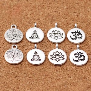 10st/Lot Tibetan Silver Round Tag Lotus/Life Tree/Buddha Charms 15mm Handgjorda metallhängen Diy Jewelry Making Accessories