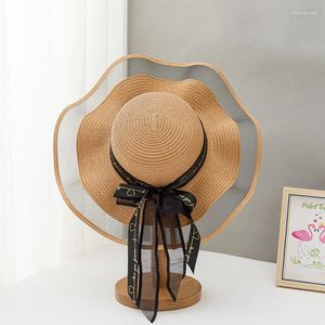 Chapéus largos da borda 2023 Chapéu de palha de verão Big Braided Bow Travel Protection Protection Korean Beach Visor