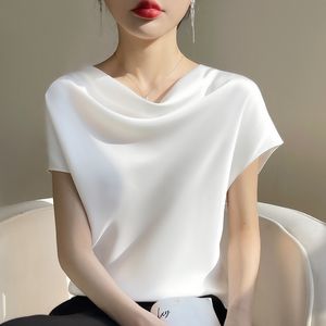 フレンチネックシルク2023夏の新しい女性のフレンチネックショートテンペアメントサテンTシャツシンプルな汎用半袖トップファッションカジュアルシングルウェア