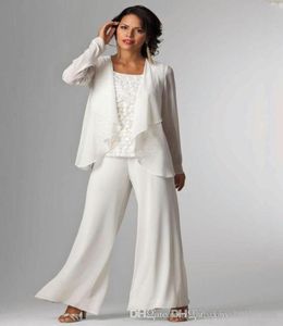 Elfenben Chiffon Lady Mother Pants Suits Mother of the Bride Groom Mother Bride Pant Suits With Jacket Women Party Dresses Trouser SU4643783