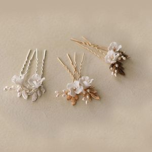 Hair Clips & Barrettes Wedding Pins Ceramic Flower Bridal Headpiece Gold Silver Color Leaf Jewelry Pearls Women Boddy PinHair