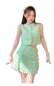 Women's summer lace collar tweed woolen tassel vest and short skirt twinset 2 pc dress suit SM