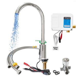 Kitchen Faucets Deck Mount & Cold Water (Battery/220V Power) Automatic Rotatable Sink Faucet W/ Hoses T-adapter Control Box