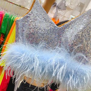 T-Shirt Sexy Camisole Women Luxury Sequin Ostrich Feather Tassel Vest Cropped Top Female Stage Performance Clothes Nightclub Party Tanks