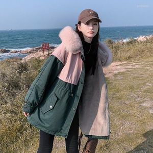 Kvinnors dike rockar överrock trendig 2023 Parkas Women's Winter Korean Color Contrast Splicing Plush Jacket Djockat Coat Cotton Padded