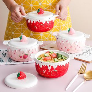 Bowls Ceramic Instant Noodle Bowl Lovely Strawberry Relief Pattern With Cover Double Ear Single Soup Rice Salad Kitchen Tableware