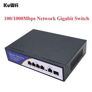 Switches Kuwfi 6 Port Gigabit Network Switch 10/100/1000 Mbps POE Switch med SFP Ethernet Switch High Performance RJ45 Hub för TV -kamera