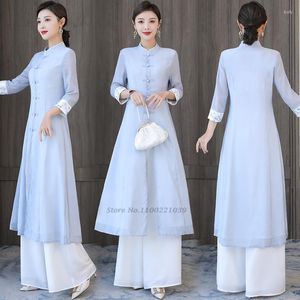 Ethnic Clothing 2023 Traditional Chinese Zen Casual Set Women Long Top Wide Leg Pants Two Pieces National Service Hanfu