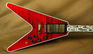 Rare Flamethrower Flying V Ultima Fire Tiger Cherry Flame Maple Top Guitarra eléctrica White Pearloid Abalone Flame Inlay 3 Humbuc9026362