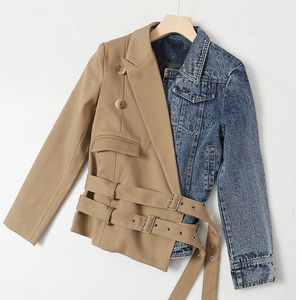 BL043秋と冬の新しいファッション気質パッチワークダブルベルトスーツカラーデニムジャケット女性コート