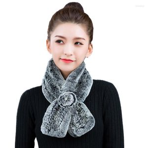 Scarves Women's Real Rex Fur Knitted Scarf With Rose Flower Lady's Neckerchief Winter Warm Soft 14 Colors